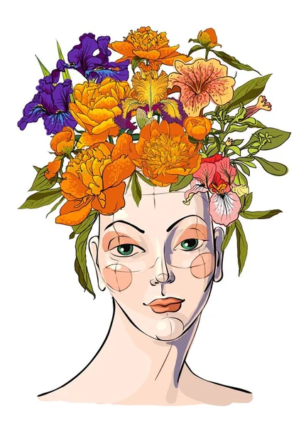 Wiosna włosy kobiety z kwiatami — Wektor stockowy