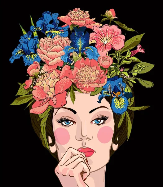 Primavera mujer con flores su pelo — Archivo Imágenes Vectoriales