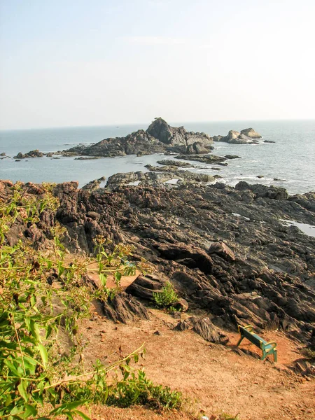 Costa del Océano con piedras y cocoteros . — Foto de Stock