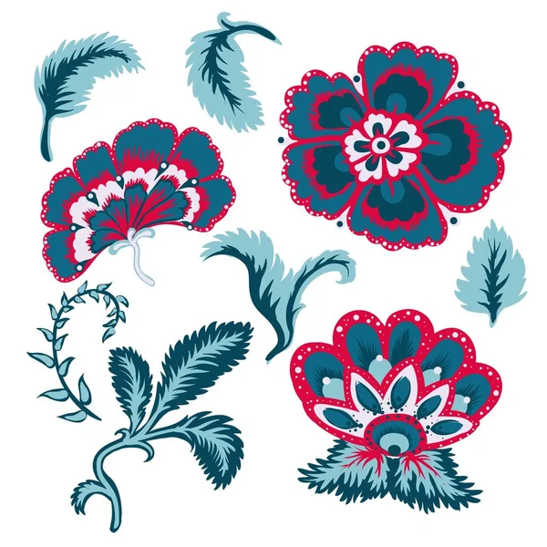 Decorativo hermosas flores y hojas vector conjunto de ilustración — Vector de stock