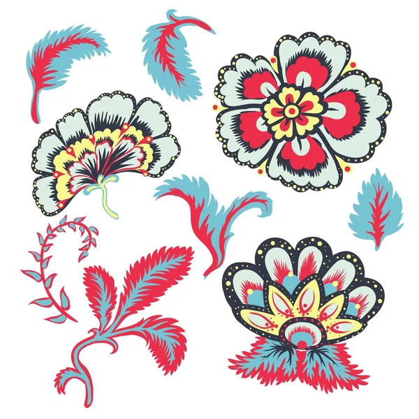 Decorativo hermosas flores y hojas vector conjunto de ilustración — Vector de stock