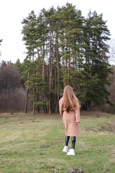 Menina Bonita Loira Com Cabelos Longos Caminha Primavera Perto Floresta — Fotografia de Stock