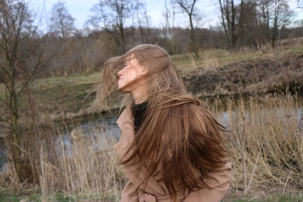 Beautiful Girl Blonde Long Hair Walks Spring Forest Brown Coat — Stock Photo, Image