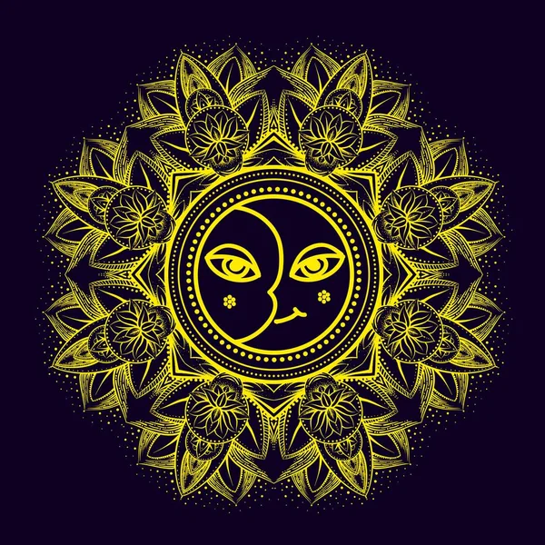 Vettore oro disegno monocromatico astratto mandala geometria sacra illustrazione sacro sole e luna Merkaba loto isolato marrone scuro sfondo — Vettoriale Stock