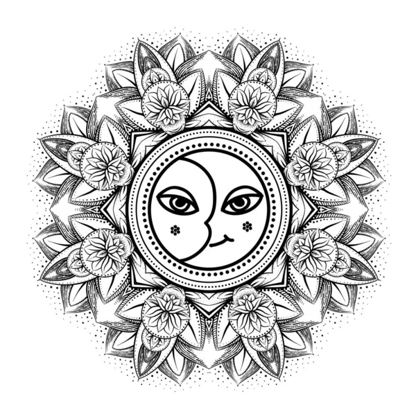 ベクトルゴールドモノクロームデザイン抽象マンダラ神聖な幾何学イラスト神聖な太陽と月メルカバ蓮孤立ダークブラウンの背景 — ストックベクタ