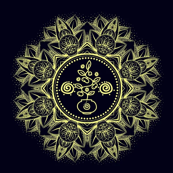 Vettore oro monocromatico disegno astratto mandala sacro geometria illustrazione sacro albero della vita Merkaba loto isolato marrone scuro sfondo — Vettoriale Stock