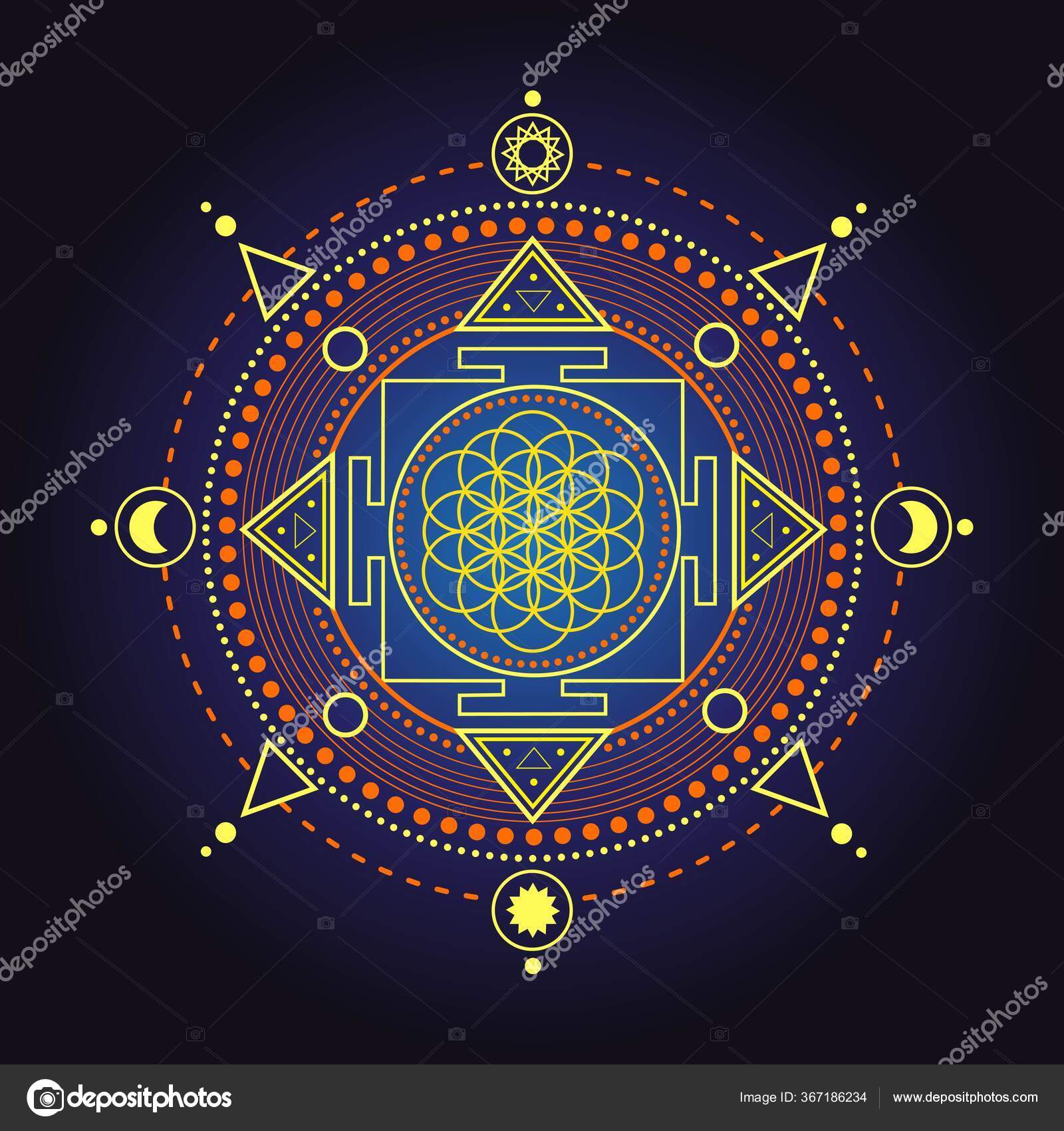 矢量金单色设计抽象曼陀罗生命之花神圣的几何图形插画生命之花民族纠结的指甲花纹身成年抗压彩绘页的图样印第安人佩斯利, image size:1600x1700