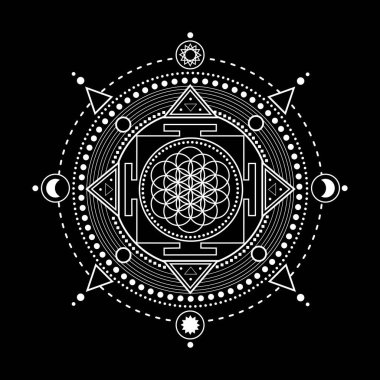 Hayatın tek renkli vektör tasarımı soyut mandala çiçeği kutsal geometrik şekil illüstrasyon hayat çiçeği, etnik zentangli kına dövmesi, yetişkin stres karşıtı renklendirme sayfaları için desenli Hint desenli desenler.