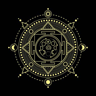 Vektör altın monokrom tasarımı soyut mandala kutsal geometrik şekil illüstrasyon ay evreleri, etnik kına dövmesi, yetişkin stres karşıtı renk sayfaları için desenli Hint desenli desenler.