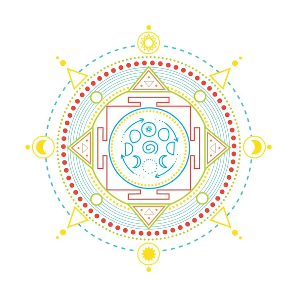ベクトルゴールド単色のデザイン抽象的なマンダラ神聖な幾何学的な形状のイラストムーンフェイズ 民族Zolledヘナタトゥー パターン化されたインドのペイズリー大人の抗ストレス着色ページ — ストックベクタ