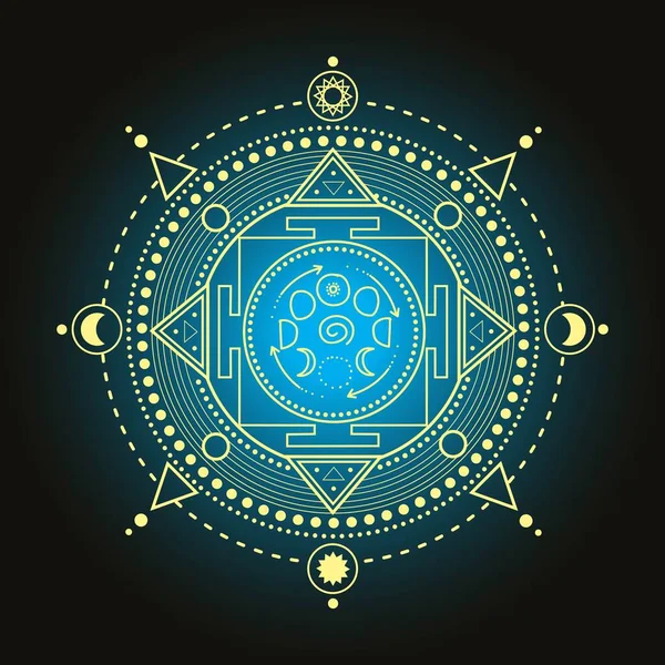 ベクトルゴールド単色のデザイン抽象的なマンダラ神聖な幾何学的な形状のイラストムーンフェイズ 民族Zolledヘナタトゥー パターン化されたインドのペイズリー大人の抗ストレス着色ページ — ストックベクタ
