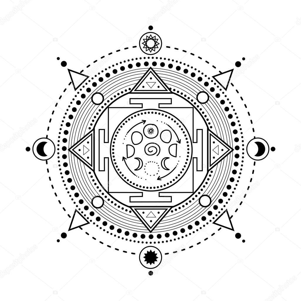 vector gold monochrome design abstract mandala sacred geometric shape illustration Moon phases, ethnic zentangled henna tattoo, patterned Indian paisley for adult anti stress coloring pages.