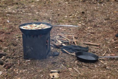 Üzüm salyangozları, akhatina, kırmızı bir tabakta, ham yiyecek, turşuluk ve lezzetli bir Burgundy salyangozu, midye, Fransız mutfağı olarak. Salyangozlar, ormanda açık bir ateşin üzerinde tuzla birlikte tavada kızartılır.
