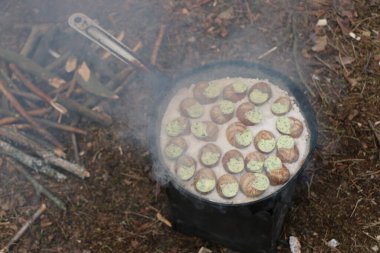 Üzüm salyangozları, akhatina, kırmızı bir tabakta, ham yiyecek, turşuluk ve lezzetli bir Burgundy salyangozu, midye, Fransız mutfağı olarak. Salyangozlar, ormanda açık bir ateşin üzerinde tuzla birlikte tavada kızartılır.