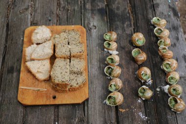Üzüm salyangozları, akhatina, kırmızı bir tabakta, ham yiyecek, turşuluk ve lezzetli bir Burgundy salyangozu, midye, Fransız mutfağı olarak. Eski ahşap tahtaların ve ekmeklerin arkaplanını kapat