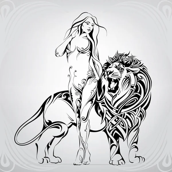 Fille Avec Lion Dans Ornement — Image vectorielle