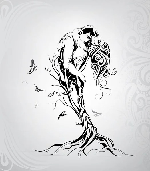 Silhouette Amoureux Dans Arbre — Image vectorielle