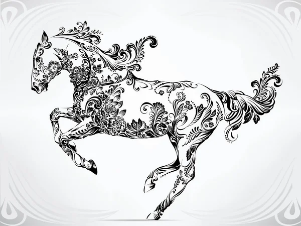 Cavallo Corsa Ornamento Floreale — Vettoriale Stock