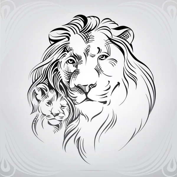 Silhouette Lion Avec Jeune Lion — Image vectorielle