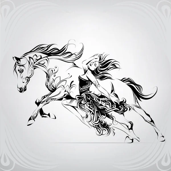 Silueta Caballo Corriendo Con Una Chica — Vector de stock