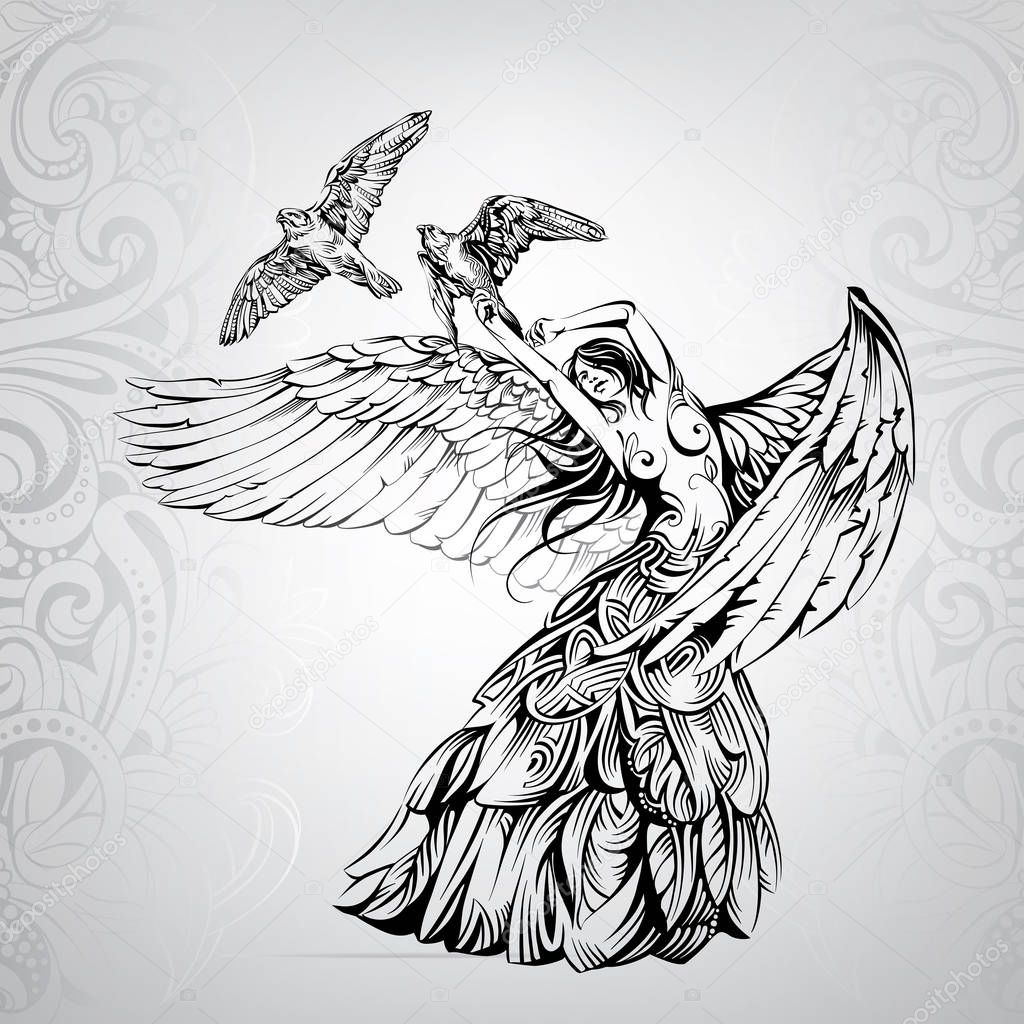 Angel dances with birds