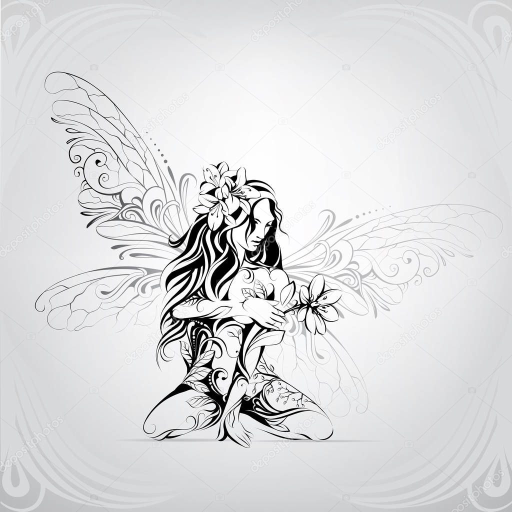 Silhouette of the fairy with a flower