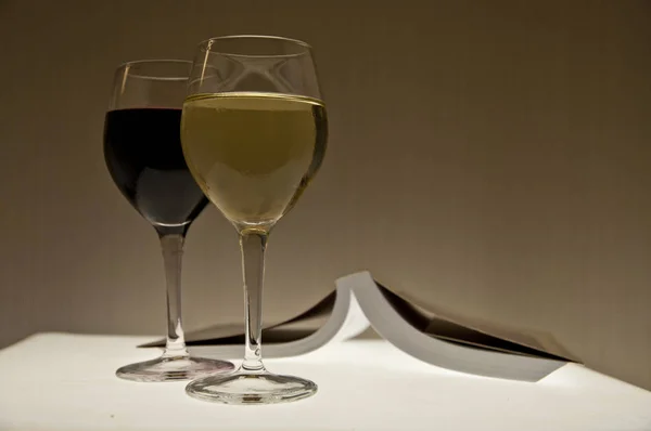 Kitap ve iki Şarap kadehi - rahatlatıcı akşam kavramı — Stok fotoğraf