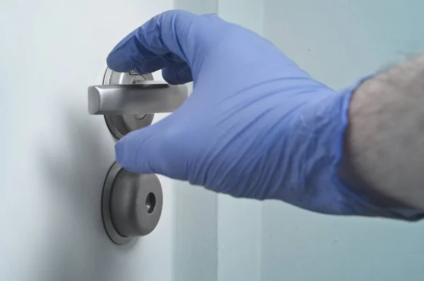 Hand Disposable Glove Door Handle Pandemics Precaution — Stock Photo, Image