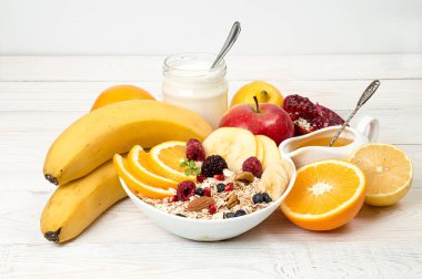 Sağlıklı kahvaltı. Müsli, yoğurt, bal ve meyve beyaz sekmesinde