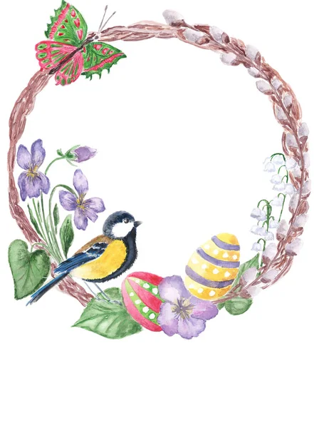 Aquarelle printemps floral Joyeuse couronne de Pâques. Pâques dessiné à la main — Photo