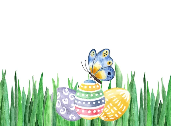 Happy Easter. Watercolor hand drawn background with eggs, grass, — Stock Photo, Image