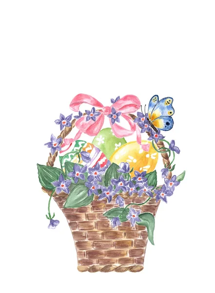 Watercolor wicker basket with easter eggs, violets isolated on w — Stock Photo, Image
