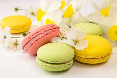 Macarons nergis ve kiraz blo beyaz arka planı üzerinde