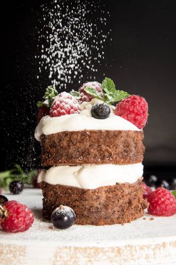 Çikolatalı kek ahududu, siyah Frenküzümü, wipped c ile dekore edilmiştir.