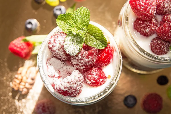 Hälsosam frukost - dessert med yoghurt, granola, outs flingor, j — Stockfoto
