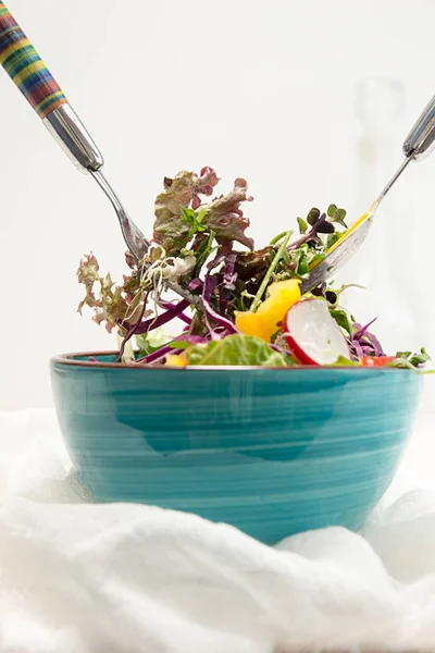 Blaue Schüssel mit frischem vegetarischem Salat aus rohem Gemüse und Mikro — Stockfoto