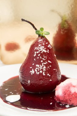 Pears in wine. Traditional dessert pears stewed in red wine with clipart