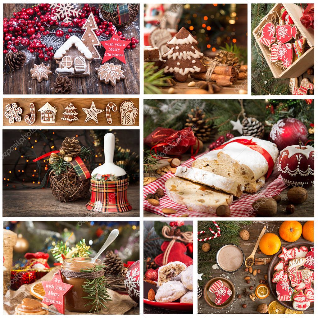 Christmas New Year sweet pastry desserts. Set collection of trad