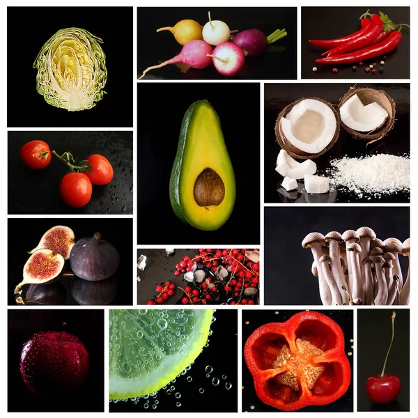 Set collection of fruits and vegetables on black background
