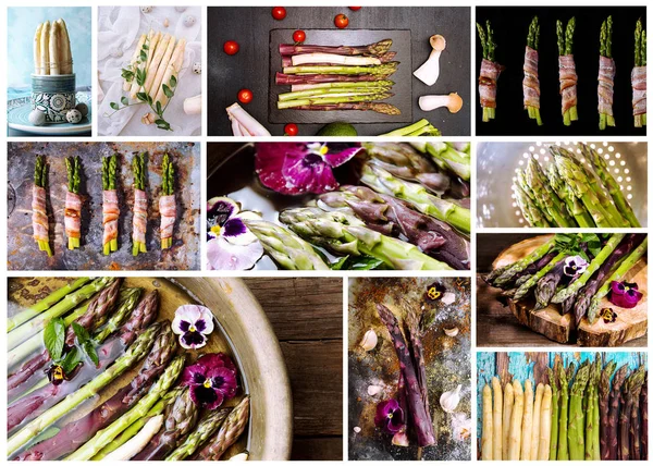 Food-Set Collage aus verschiedenen Bildern von weißem grün lila Aspar — Stockfoto