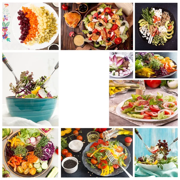 Lebensmittel-Set Collage aus verschiedenen Bildern von Salat vegetarisch mit ve — Stockfoto