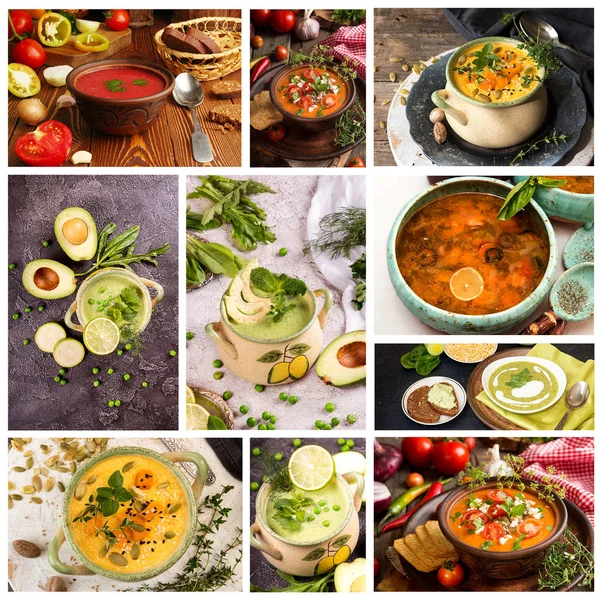 Sağlıklı vejetaryen çorbası resimlerinden oluşan kolaj seti.. — Stok fotoğraf