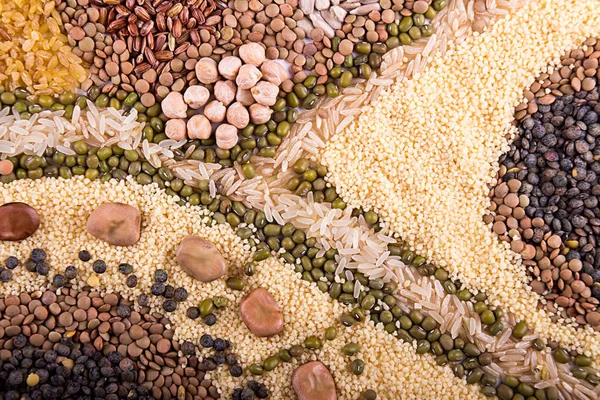 Food background. Stylized food map of various Legumes, sereals, beans, grain and seeds. Kind of lentils, bulgur, mash, chickpeas, sunflower seeds, couscous, rice.