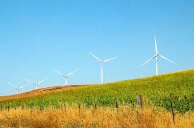 Rüzgar türbinleri, yenilenebilir yeşil enerji üretimi için güzel doğa manzarasında mavi gökyüzüne karşı tarım jeneratörleri üretiyor. Çevreye dost sanayi. Sürdürülebilir geliştirme teknolojisi kavramı.