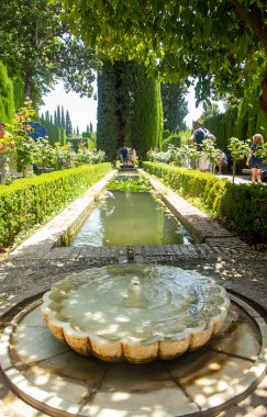 GRANADA, SPAINE - 18 Temmuz 2018: Genel yaşam bahçesindeki çeşme, Endülüs.
