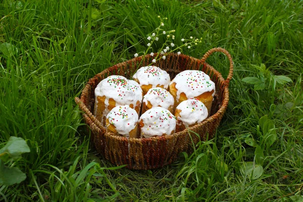 Panier en osier avec gâteau de Pâques traditionnel en glaçure blanche look très élégant sur l'herbe de printemps lumineux dans le jardin. Joyeuse Pâques ! — Photo