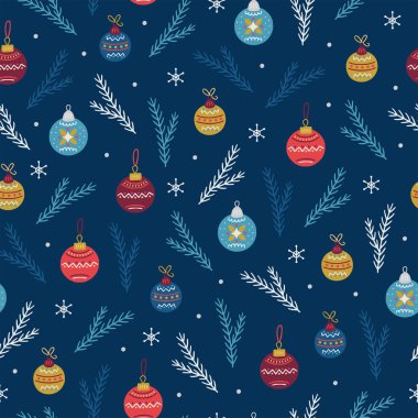Noel mücevherleri, köknar dalları ve lacivert arka planda kar taneleri olan kusursuz bir desen..