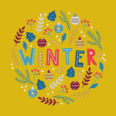 Noel vektör harfleri. Sarı arkaplanda elle çizilmiş yuvarlak kompozisyon. 