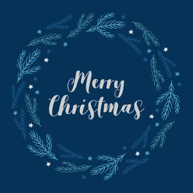 Köknar dallı Noel çelengi ve lacivert arka planda yıldızlar. 