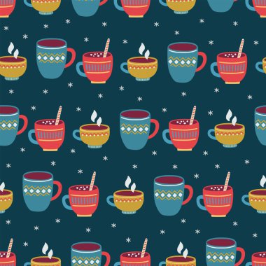 Sıcak kış içecekleri ve koyu kahverengi arka planda kar taneleri olan kusursuz bir Noel deseni..